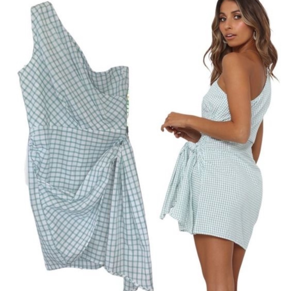 NWT sage green & white Gingham One-Shoulder Gingham Wrap Mini Dress Sz 8 - Picture 4 of 15